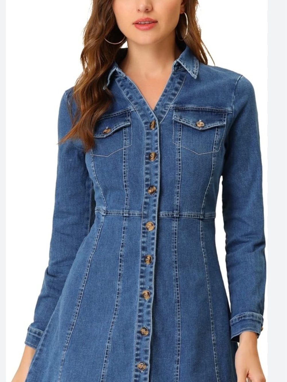 Allegra K Blue Denim Long Sleeve Button-Front Dress